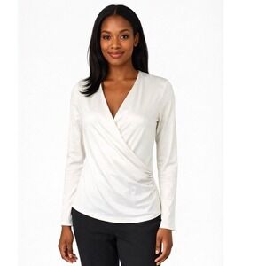 Ann Taylor Off White Surplice Wrap Long Sleeve Top Blouse XS Office Chic‎ 57-18